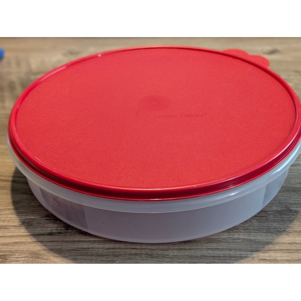 Tupperware Round Pie Cupcake Cooker Keeper Food Storage Container Red Lid 12 inc